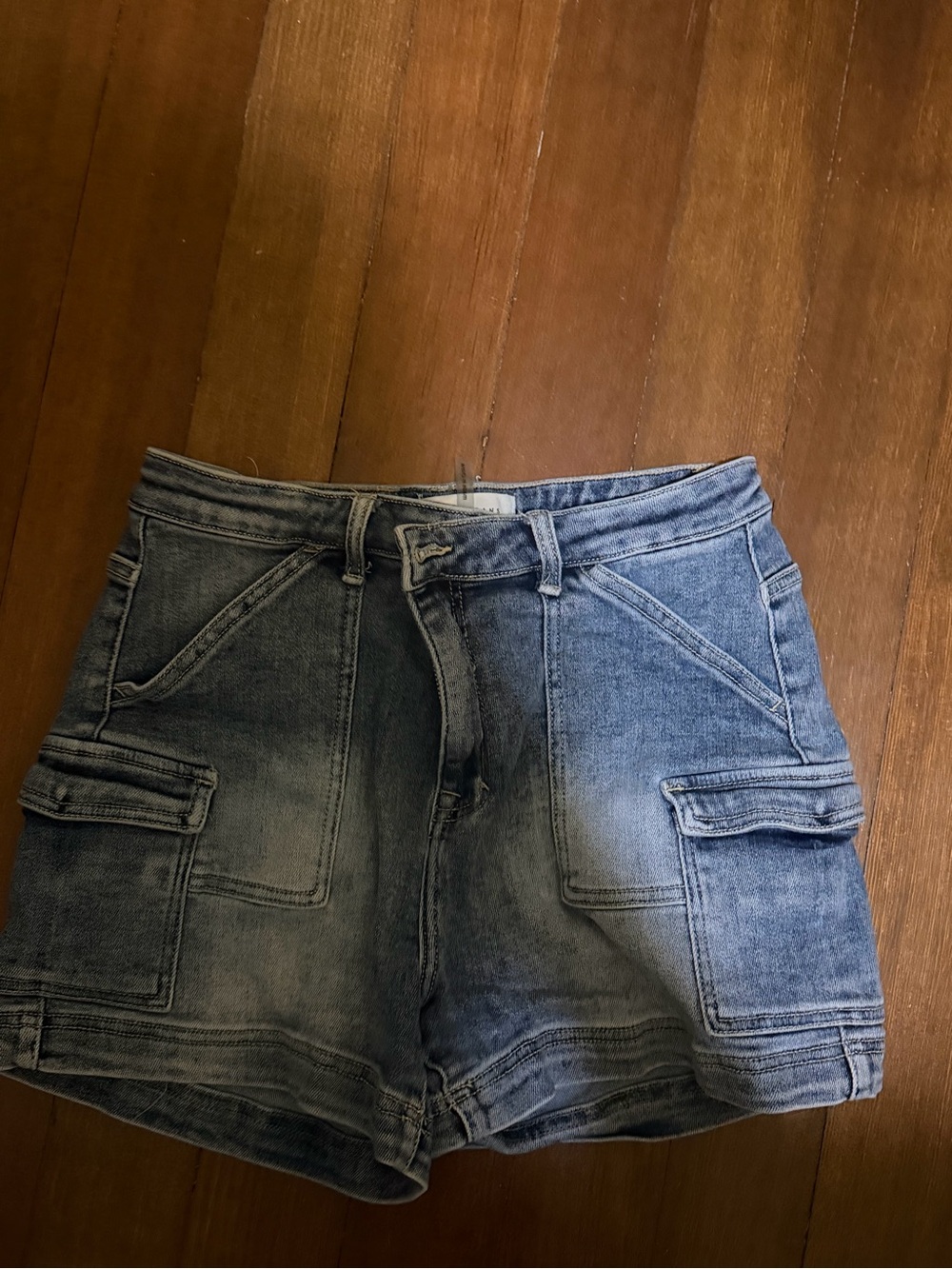 Women's Washed Blue Denim Cargo Shorts with Utility Pockets